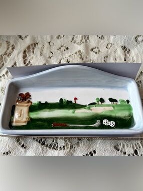 Hand-Painted Golf Scene Ceramic Tray to Hold Glasses in Green, White, Red